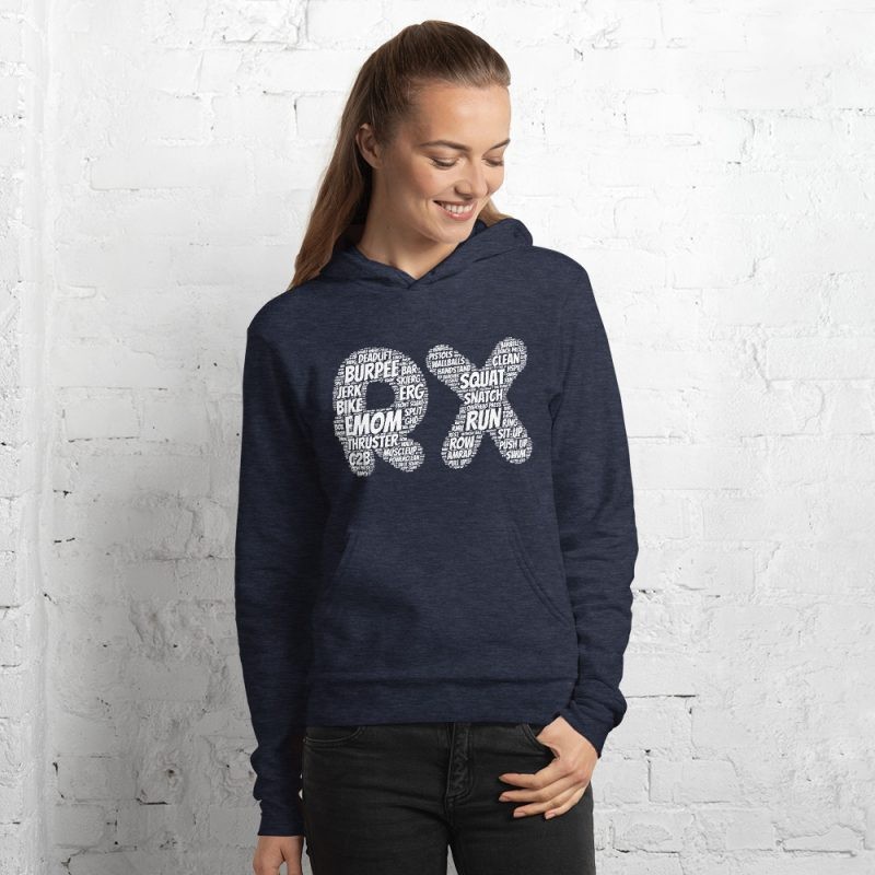 the rx hoodie word cloud inspired design. Original Crossfit athletic hoodie workout apparel
